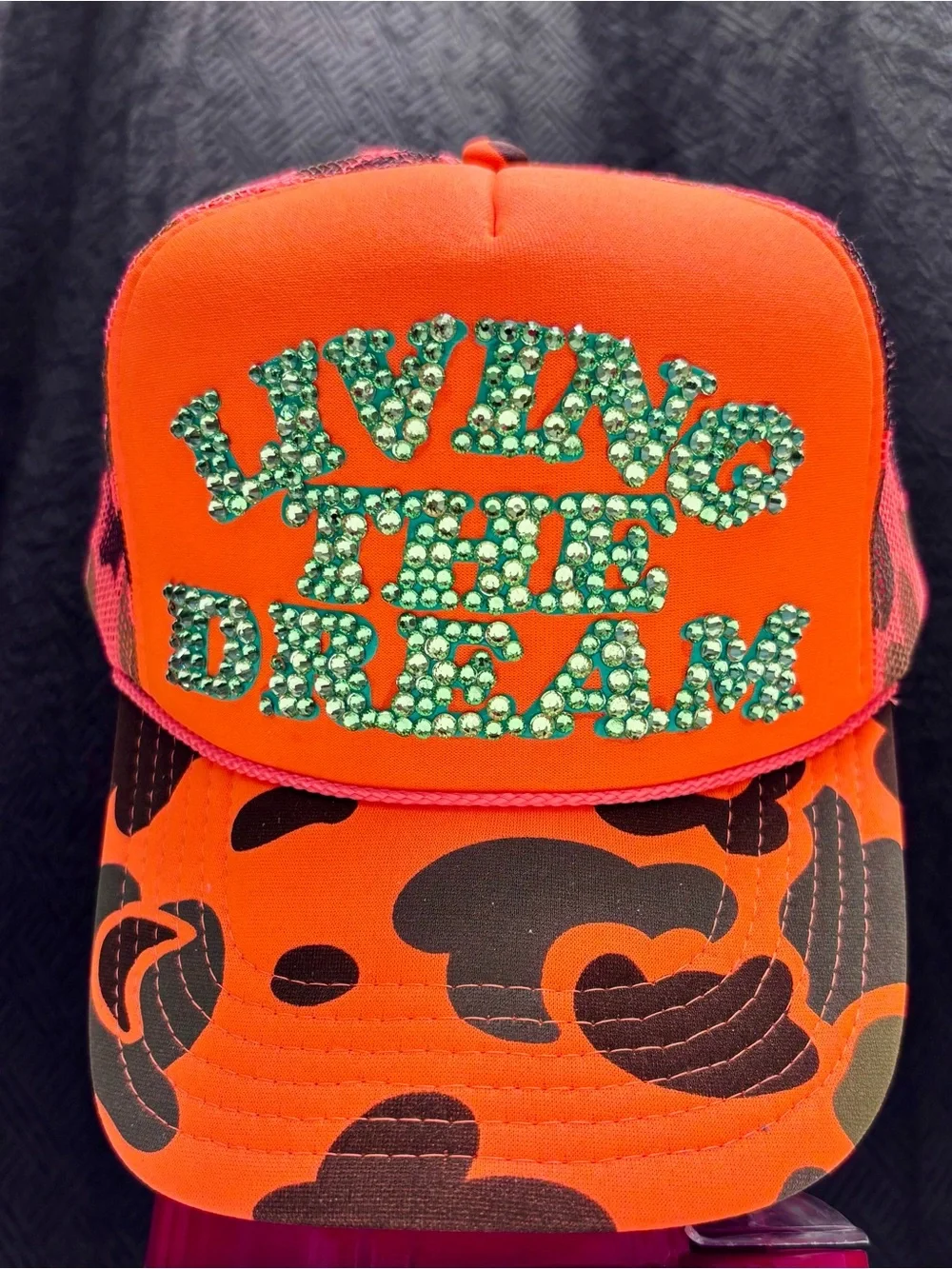 Neon Orange Rhinestone 'Living the Dream' Trucker Hat